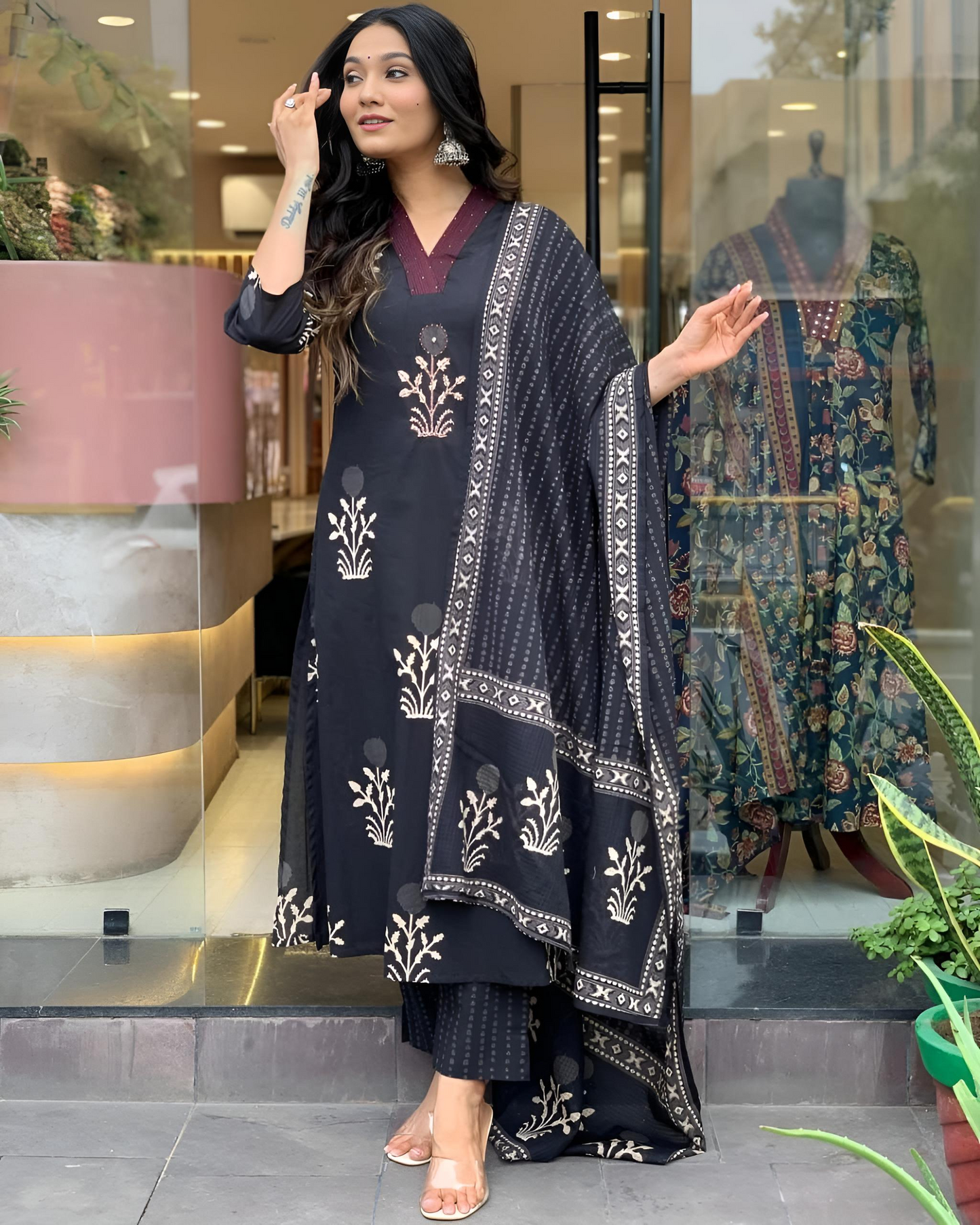 Cotton Block Printed Embroidered Kurta Pant With Dupatta (2 Colors)
