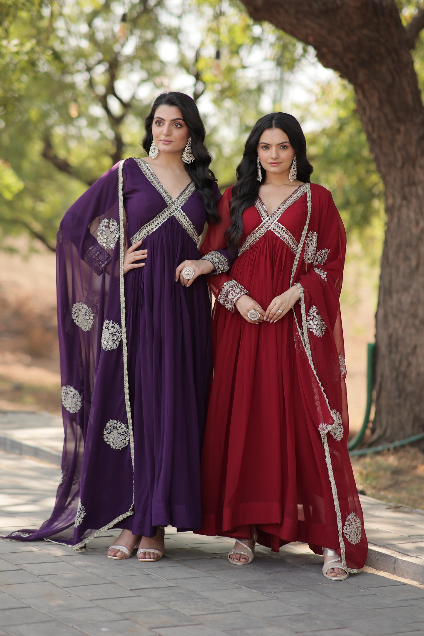 Georgette Embroidered & Zari Sequins Work Alia Cut Gown With Dupatta (2 Colors)