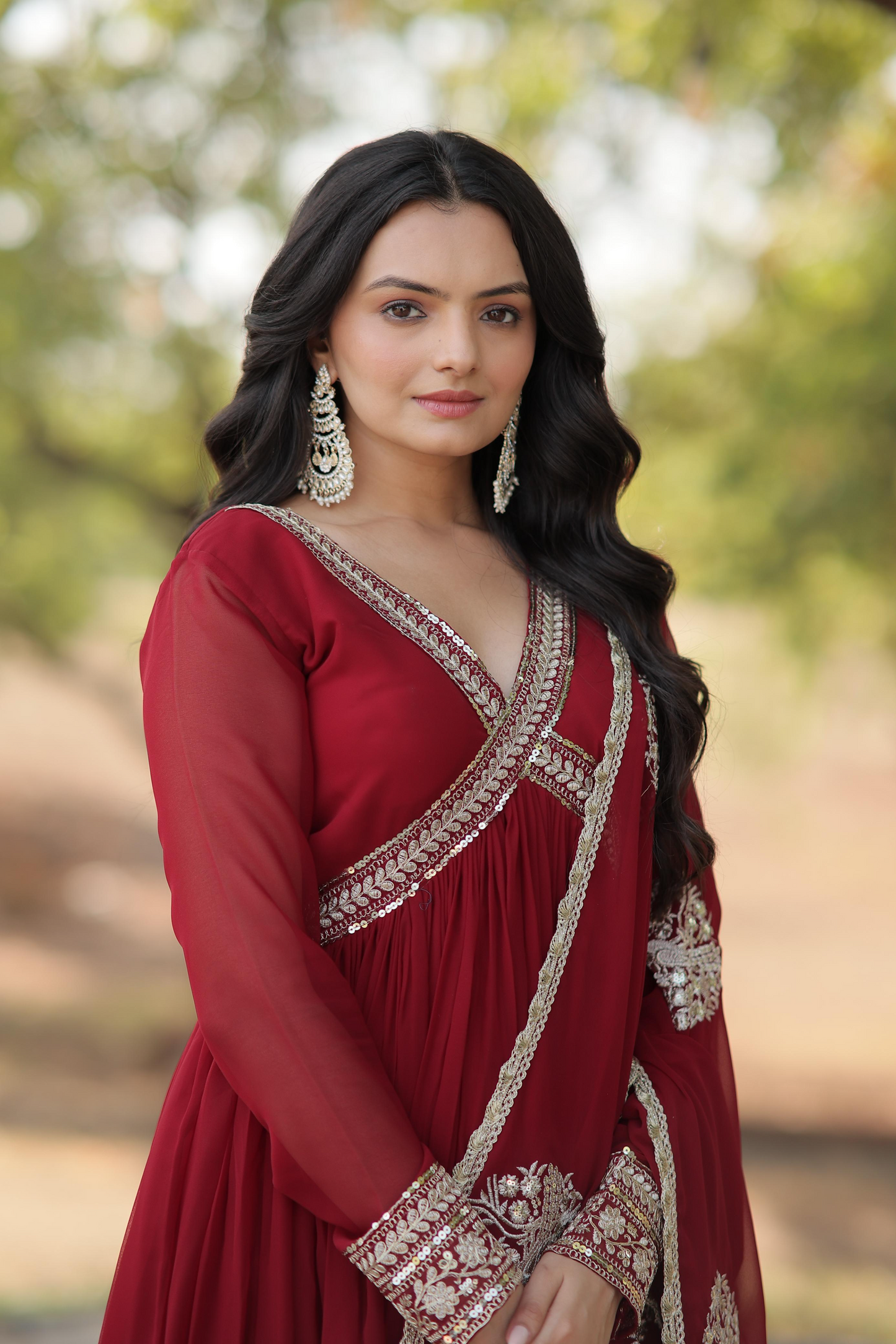 Georgette Embroidered & Zari Sequins Work Alia Cut Gown With Dupatta (2 Colors)
