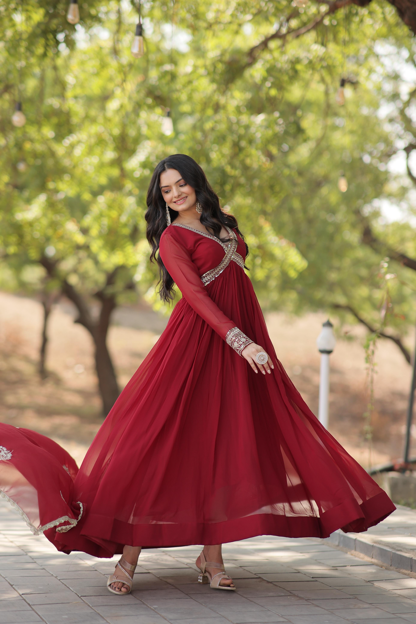 Georgette Embroidered & Zari Sequins Work Alia Cut Gown With Dupatta (2 Colors)
