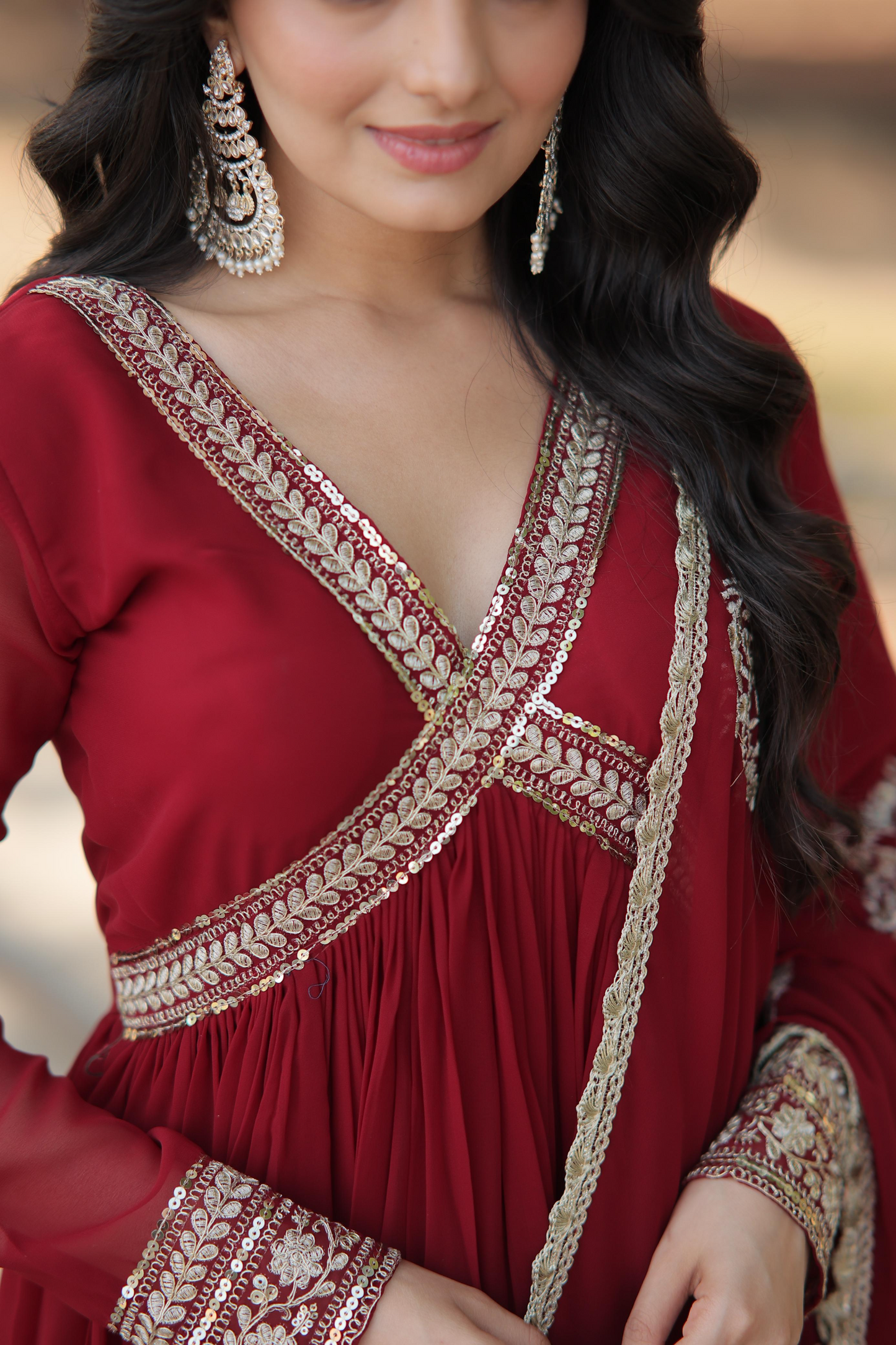 Georgette Embroidered & Zari Sequins Work Alia Cut Gown With Dupatta (2 Colors)