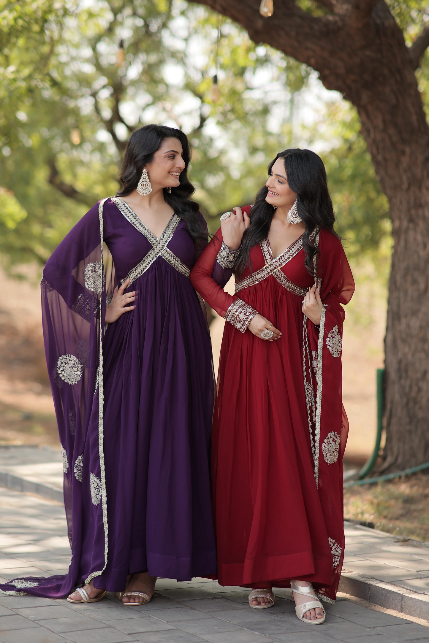 Georgette Embroidered & Zari Sequins Work Alia Cut Gown With Dupatta (2 Colors)