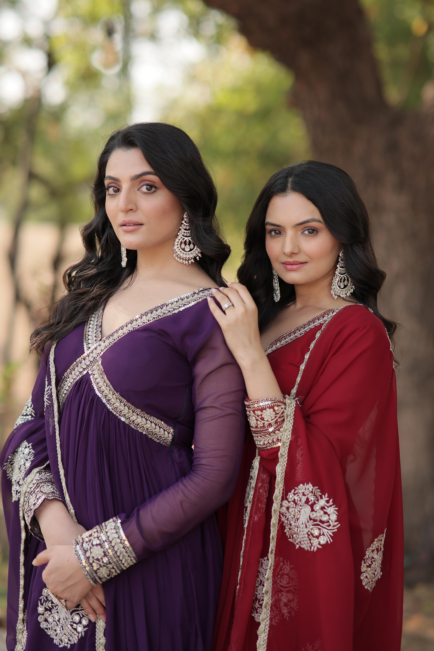 Georgette Embroidered & Zari Sequins Work Alia Cut Gown With Dupatta (2 Colors)