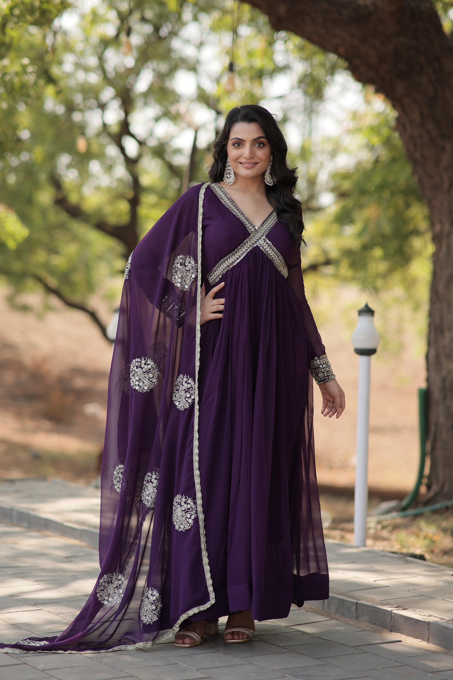 Georgette Embroidered & Zari Sequins Work Alia Cut Gown With Dupatta (2 Colors)