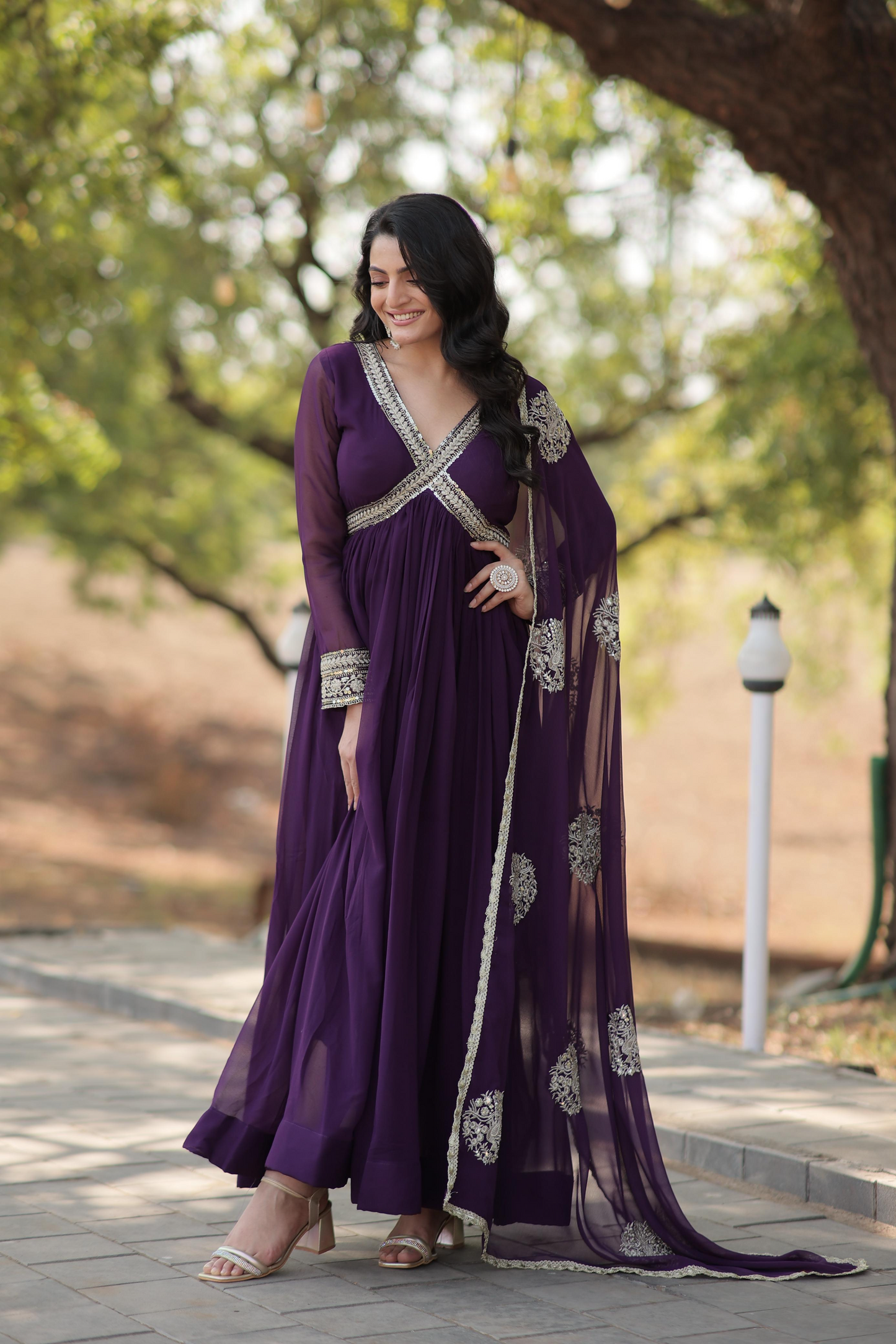 Georgette Embroidered & Zari Sequins Work Alia Cut Gown With Dupatta (2 Colors)