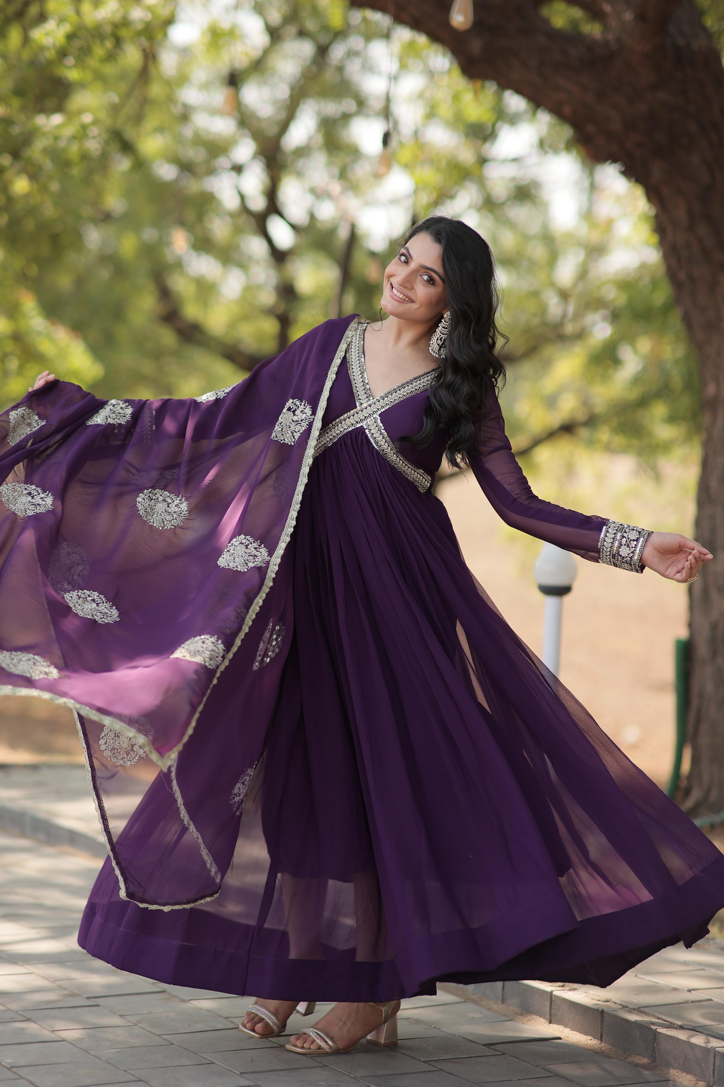 Georgette Embroidered & Zari Sequins Work Alia Cut Gown With Dupatta (2 Colors)