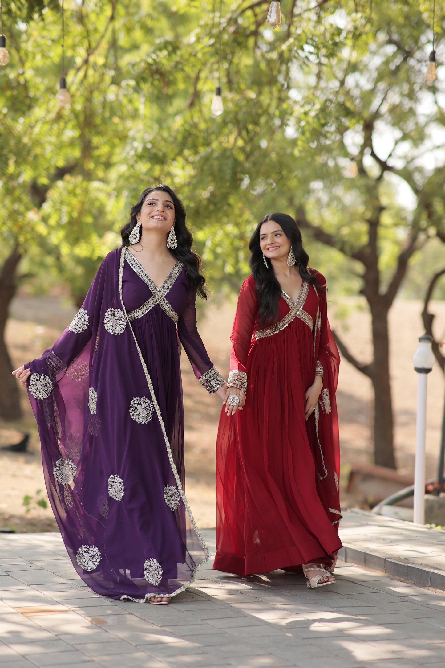 Georgette Embroidered & Zari Sequins Work Alia Cut Gown With Dupatta (2 Colors)
