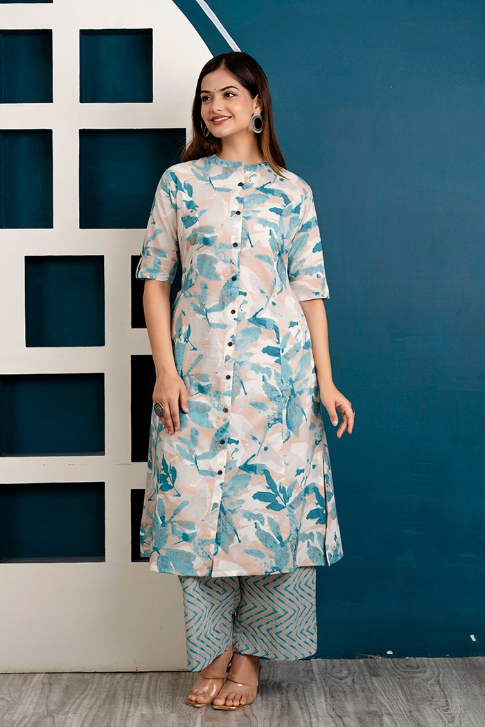 Cotton Pastel Colored Procin Printed Kurta & Pant (4 Colors)