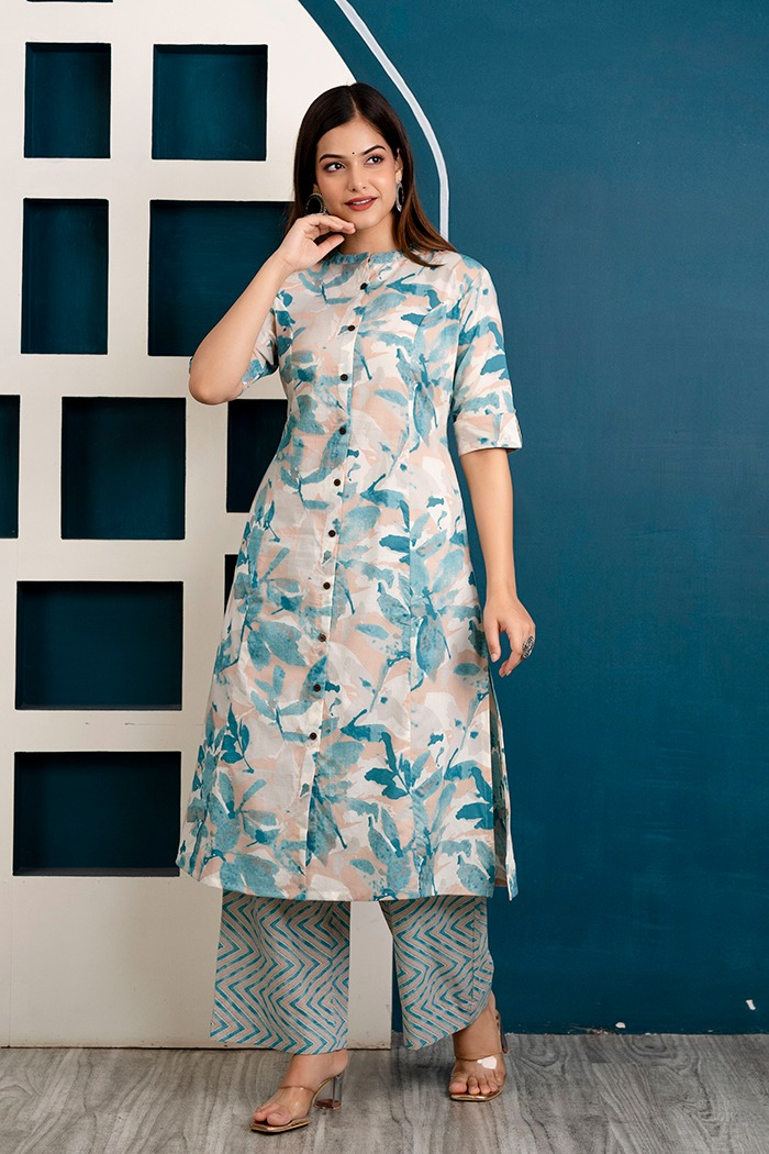 Cotton Pastel Colored Procin Printed Kurta & Pant (4 Colors)