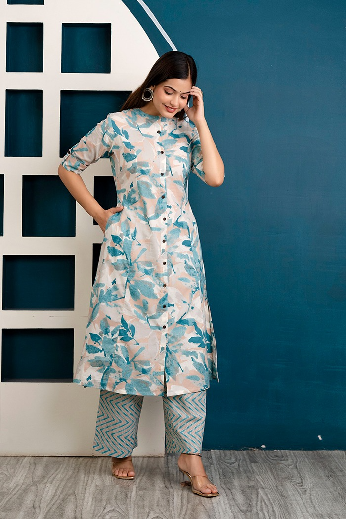 Cotton Pastel Colored Procin Printed Kurta & Pant (4 Colors)