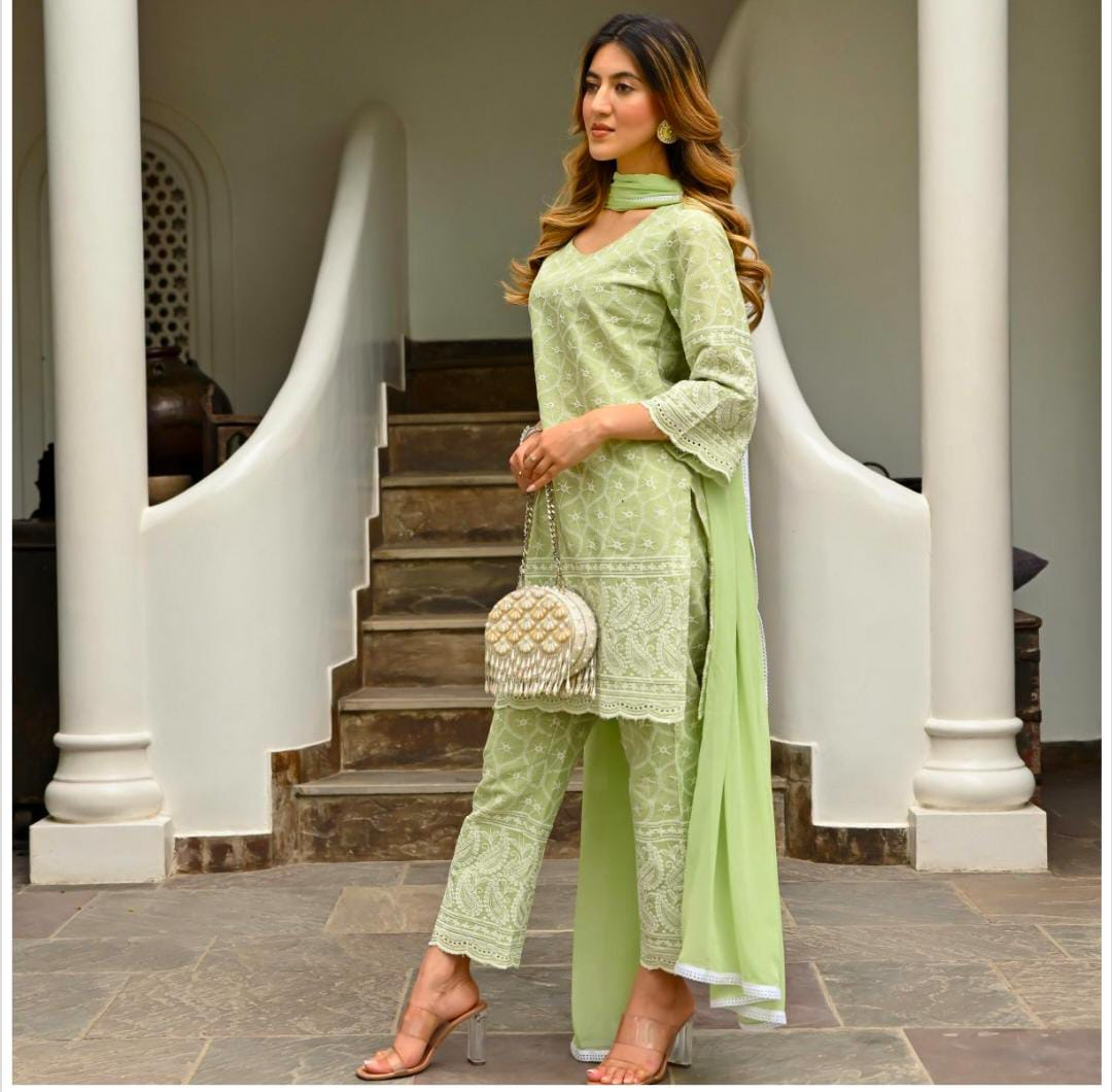 Pista Green Chikankari Embroidered Kurta Pant & Dupatta