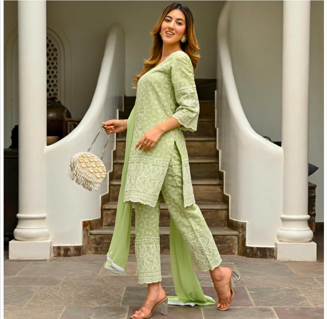 Pista Green Chikankari Embroidered Kurta Pant & Dupatta
