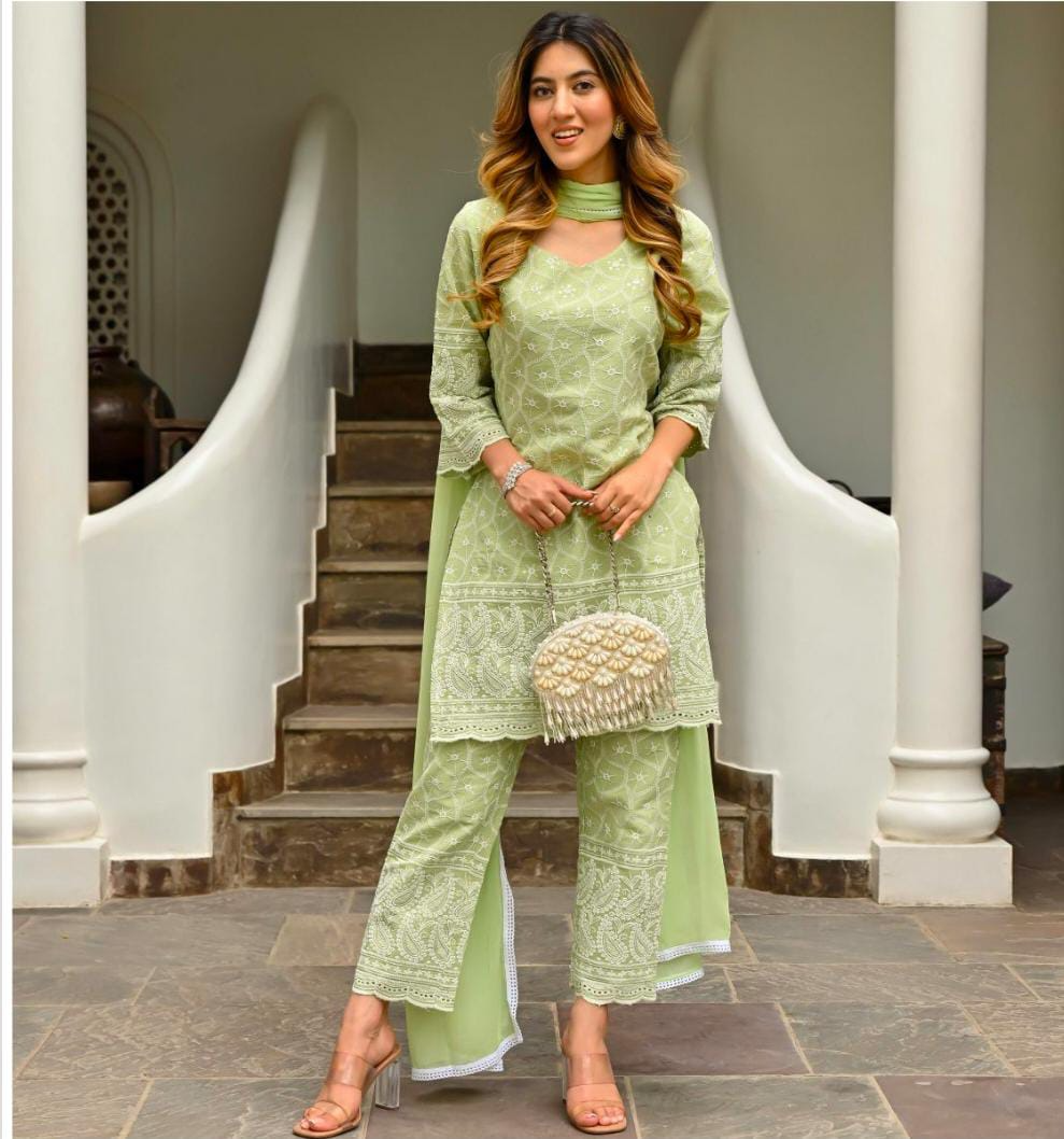 Pista Green Chikankari Embroidered Kurta Pant & Dupatta