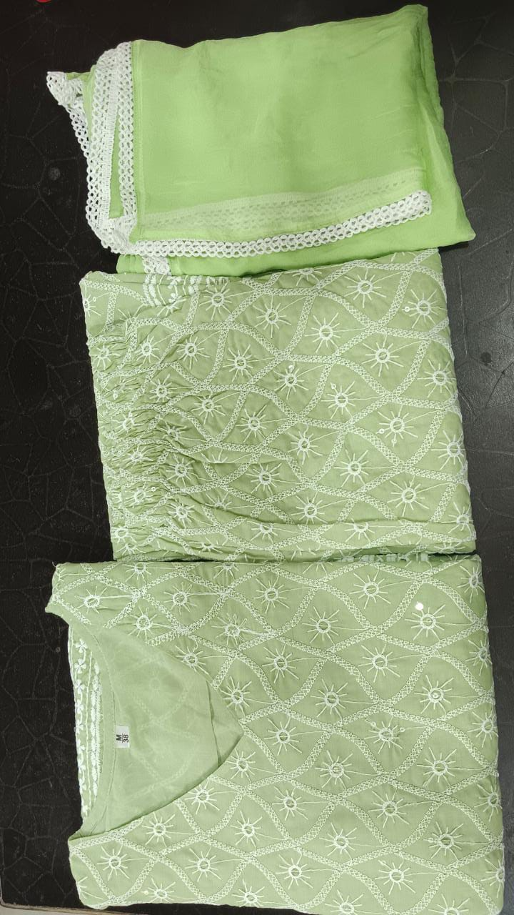 Pista Green Chikankari Embroidered Kurta Pant & Dupatta