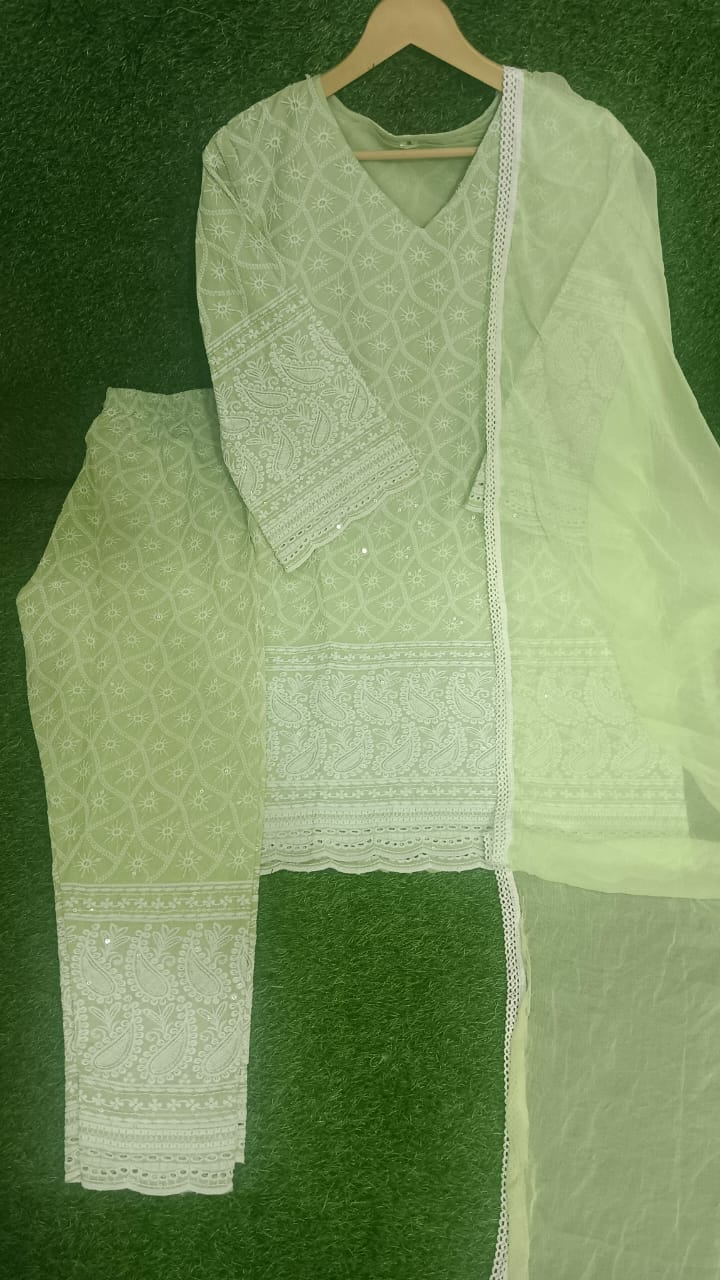 Pista Green Chikankari Embroidered Kurta Pant & Dupatta