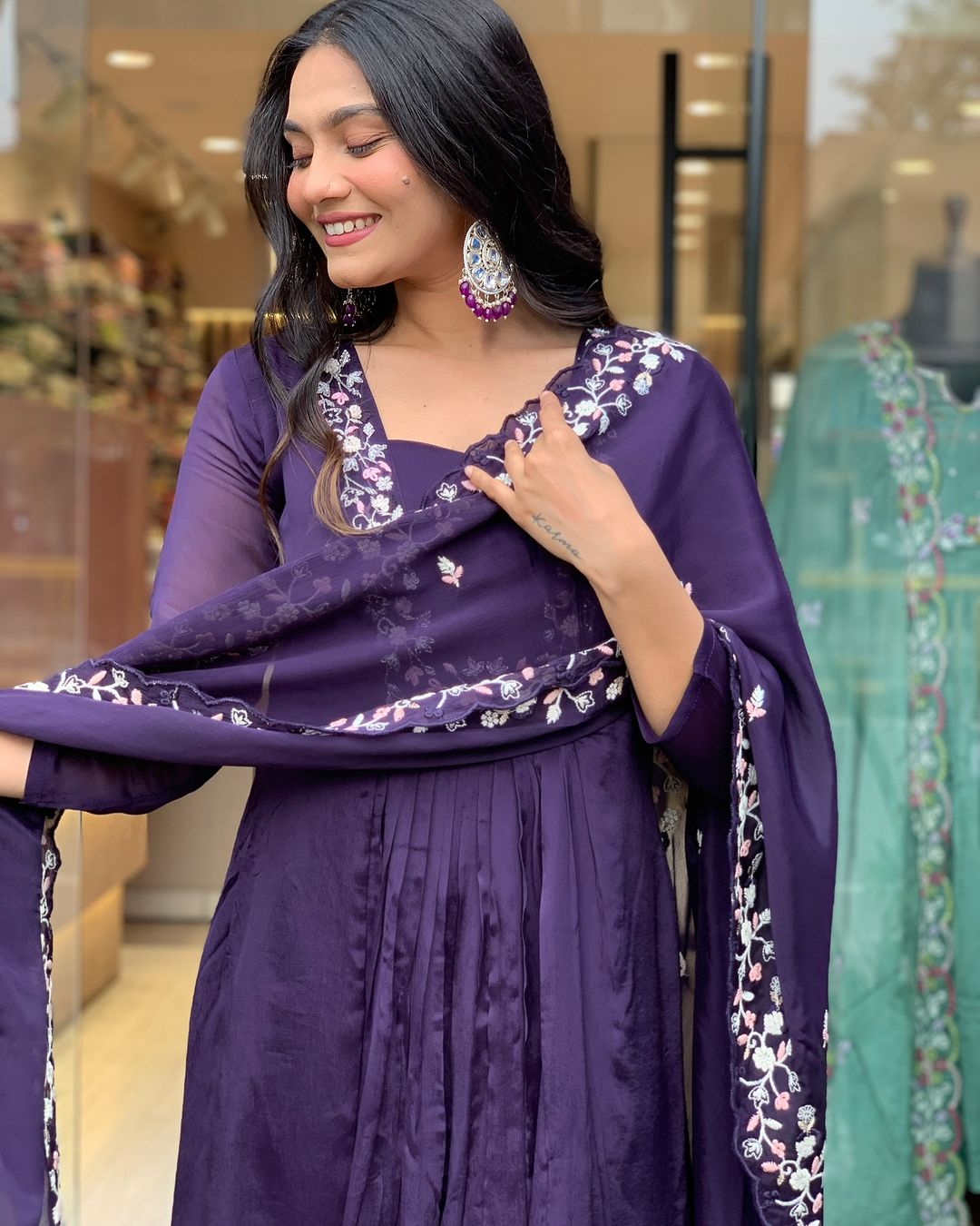 Matte Purple Cotton Embroidered Kurta Pant & Dupatta Set