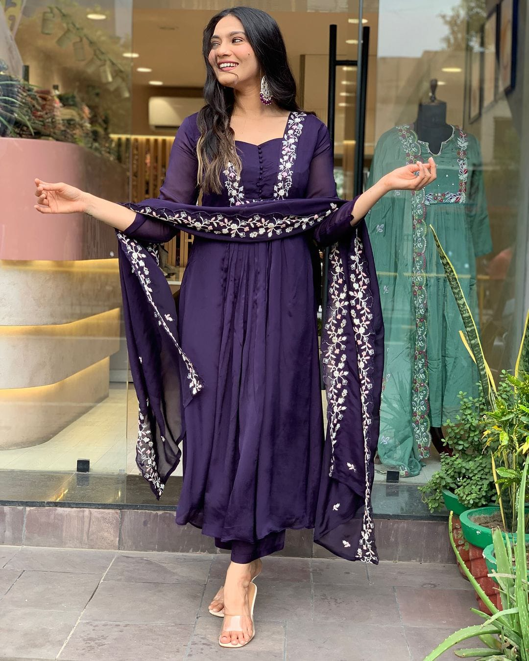 Matte Purple Cotton Embroidered Kurta Pant & Dupatta Set
