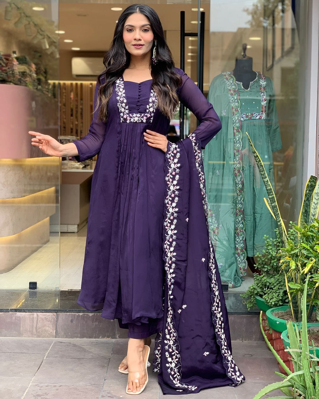 Matte Purple Cotton Embroidered Kurta Pant & Dupatta Set