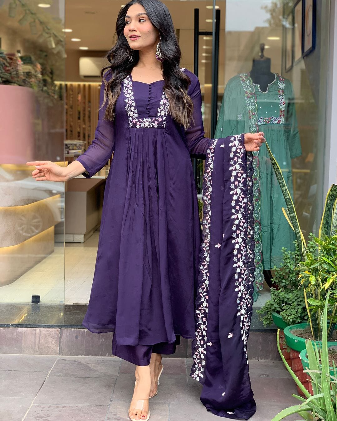 Matte Purple Cotton Embroidered Kurta Pant & Dupatta Set