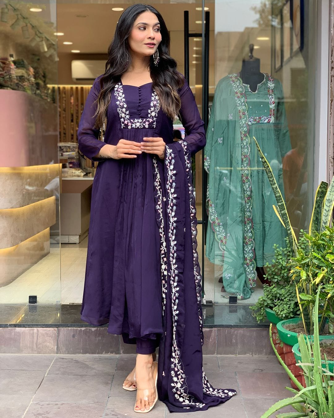 Matte Purple Cotton Embroidered Kurta Pant & Dupatta Set