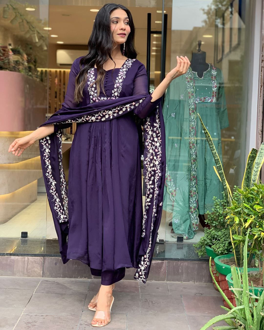 Matte Purple Cotton Embroidered Kurta Pant & Dupatta Set