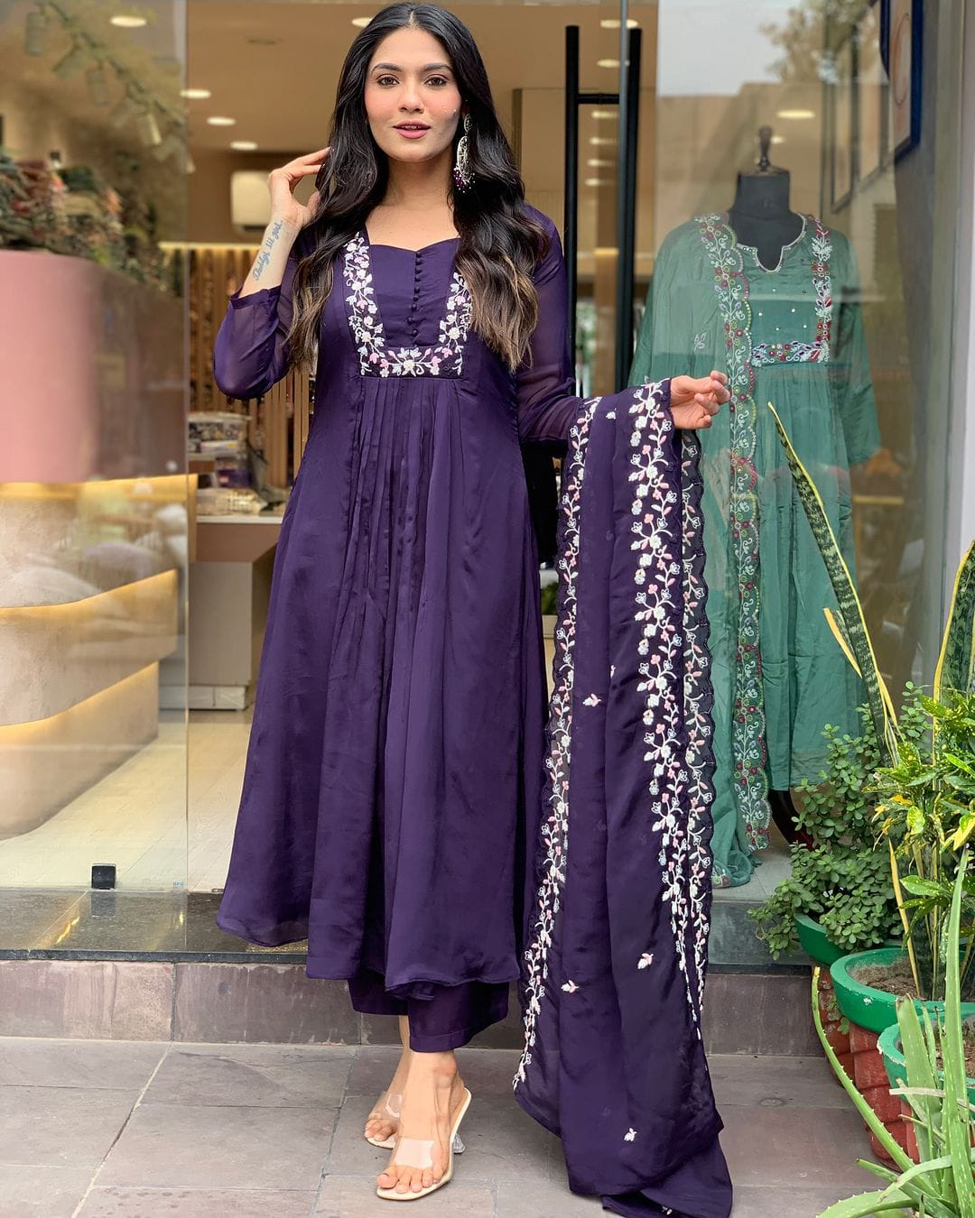 Matte Purple Cotton Embroidered Kurta Pant & Dupatta Set