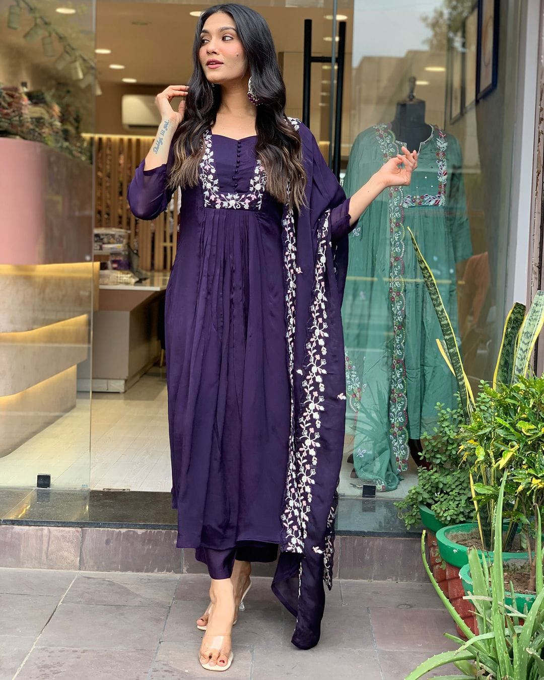 Matte Purple Cotton Embroidered Kurta Pant & Dupatta Set