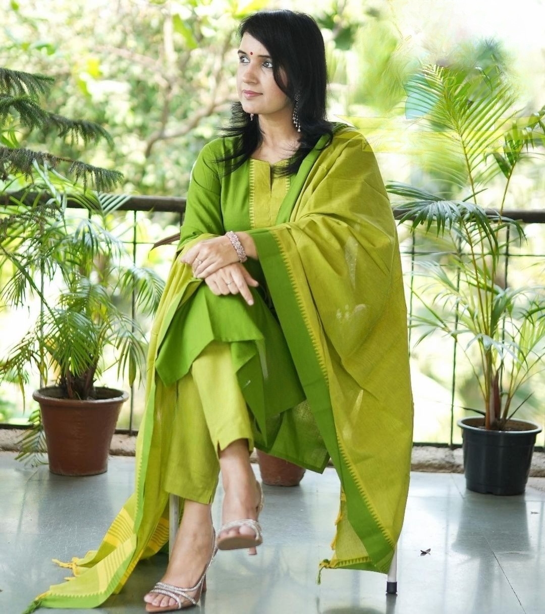 South Cotton Handloom Zari Self Thread Kurti Pant & Dupatta