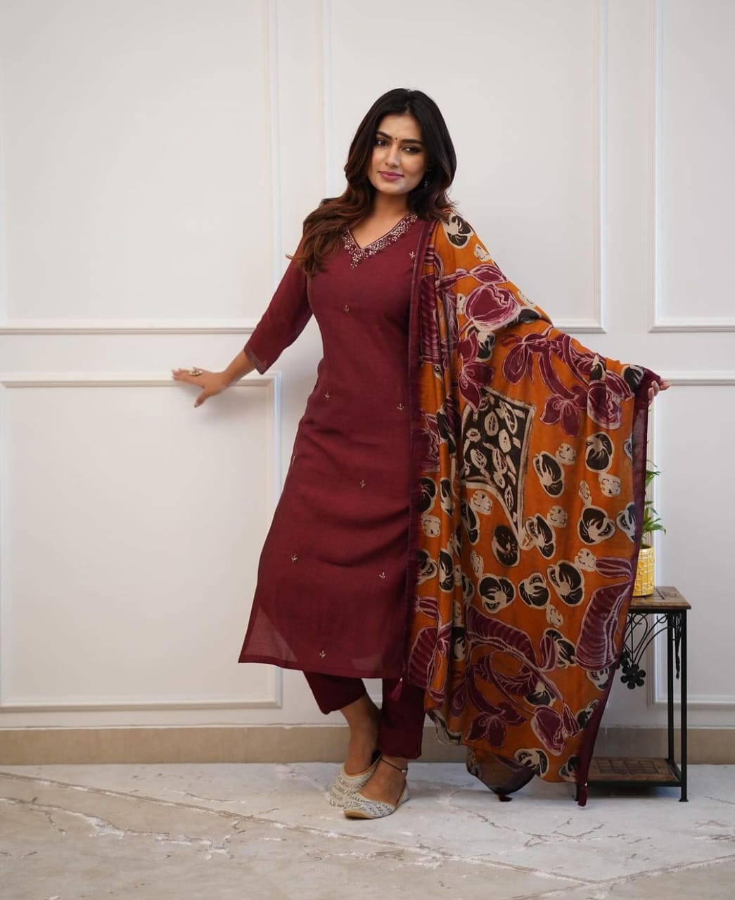Monochrome Rayon Hand Work Embroidered Kurta Pant & Dupatta