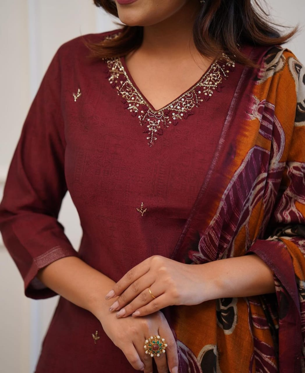 Monochrome Rayon Hand Work Embroidered Kurta Pant & Dupatta