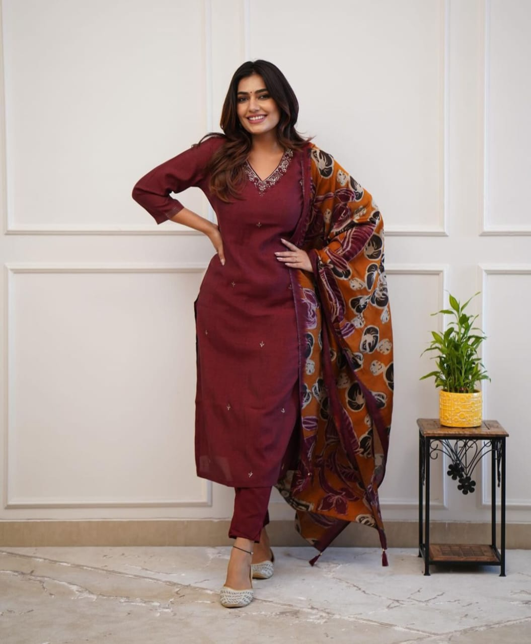 Monochrome Rayon Hand Work Embroidered Kurta Pant & Dupatta