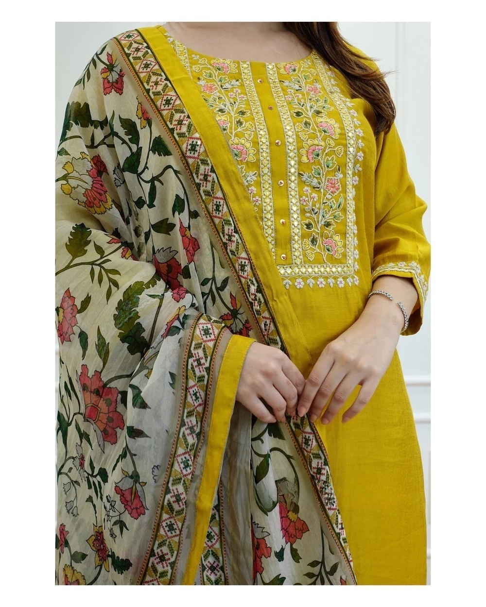 Rayon Mustard Adda Embroidered Kurta Pant With Mulmul Dupatta