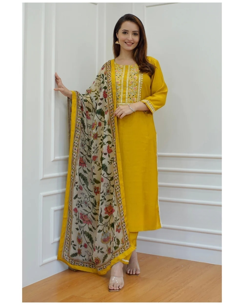 Rayon Mustard Adda Embroidered Kurta Pant With Mulmul Dupatta