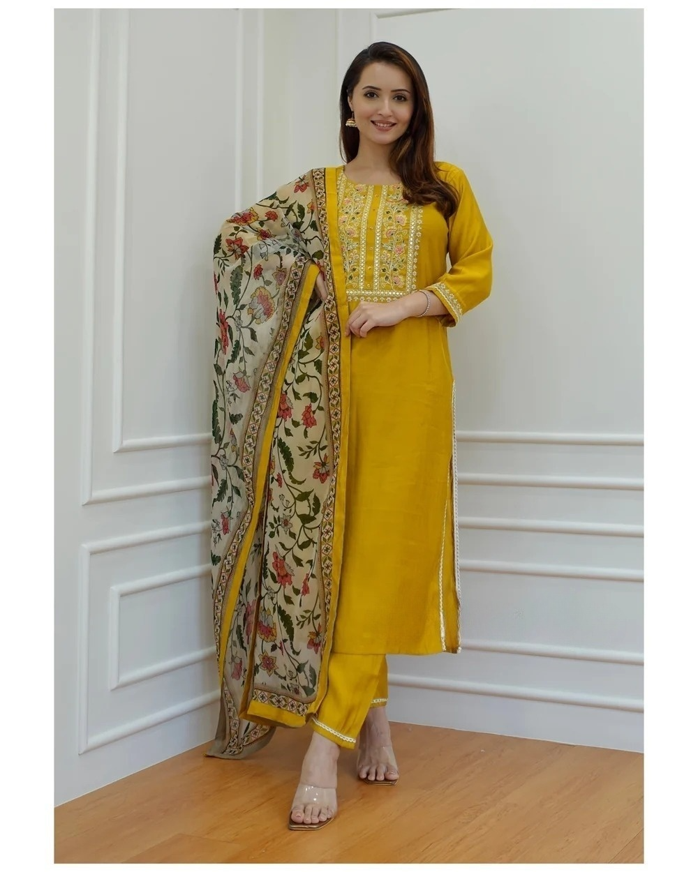 Rayon Mustard Adda Embroidered Kurta Pant With Mulmul Dupatta