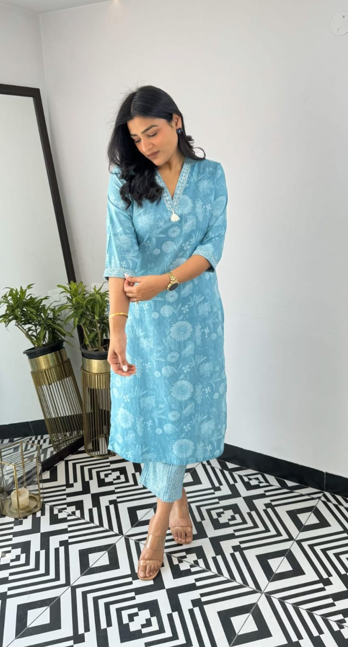 Comfy Cotton Printed Co-Ord Set -Aqua Blue