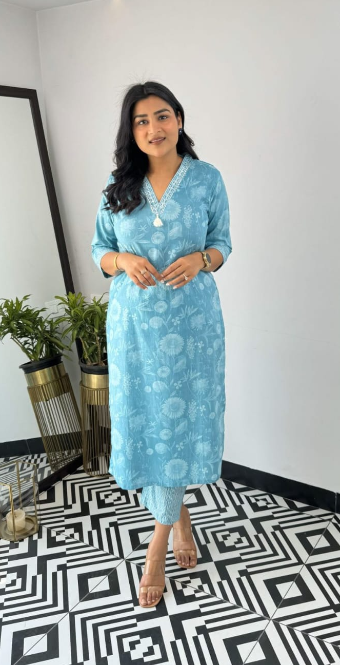 Comfy Cotton Printed Co-Ord Set -Aqua Blue