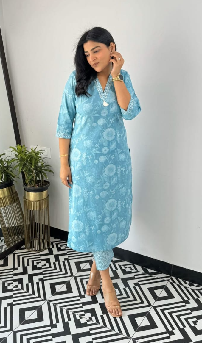 Comfy Cotton Printed Co-Ord Set -Aqua Blue
