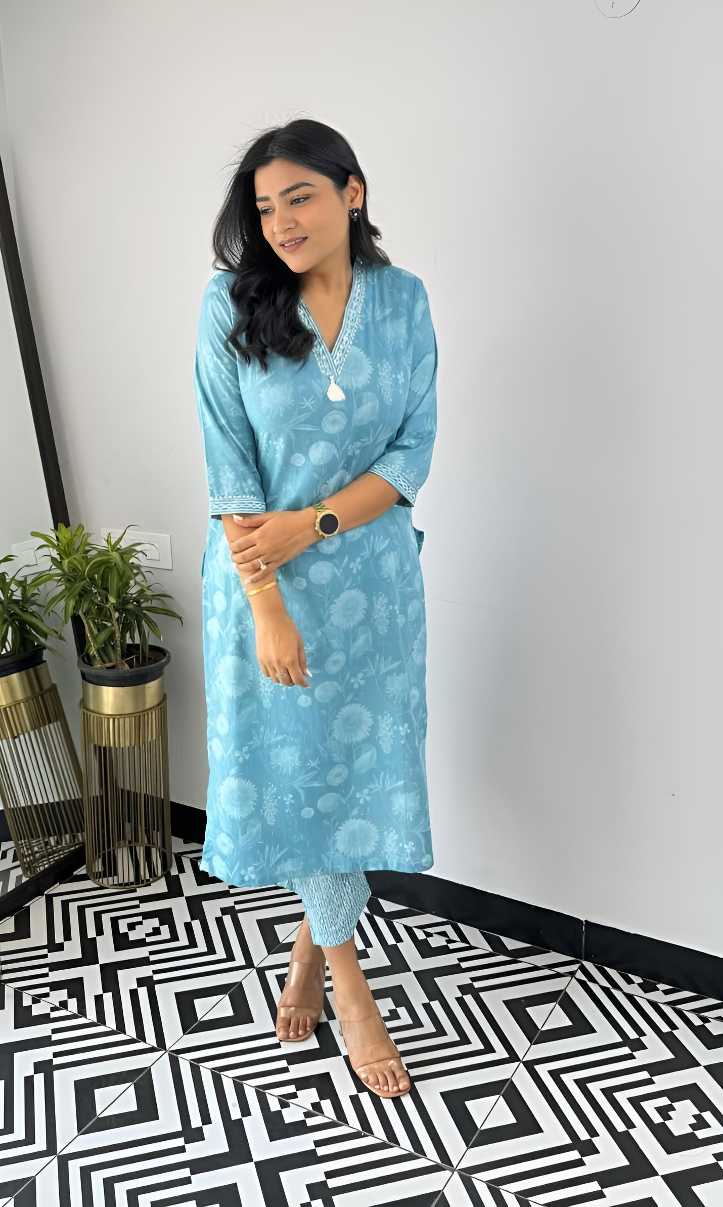 Comfy Cotton Printed Co-Ord Set -Aqua Blue