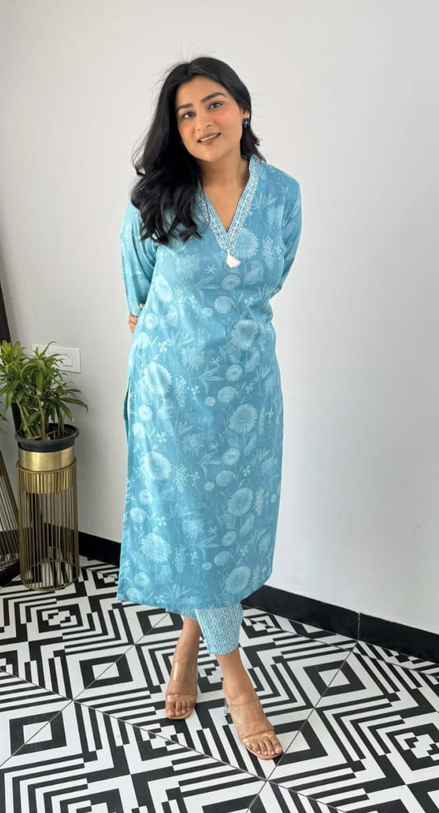 Comfy Cotton Printed Co-Ord Set -Aqua Blue