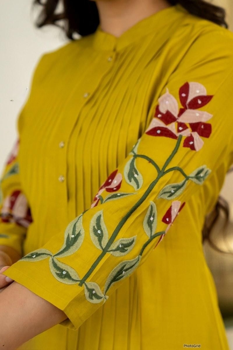 Cotton Pleated Pintex Kurta Pant With Embroidered Panels & Sequence Work (2 Colors)
