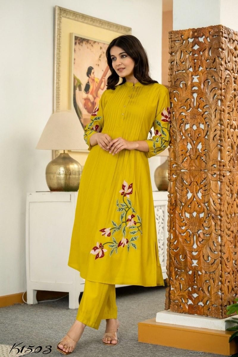 Cotton Pleated Pintex Kurta Pant With Embroidered Panels & Sequence Work (2 Colors)