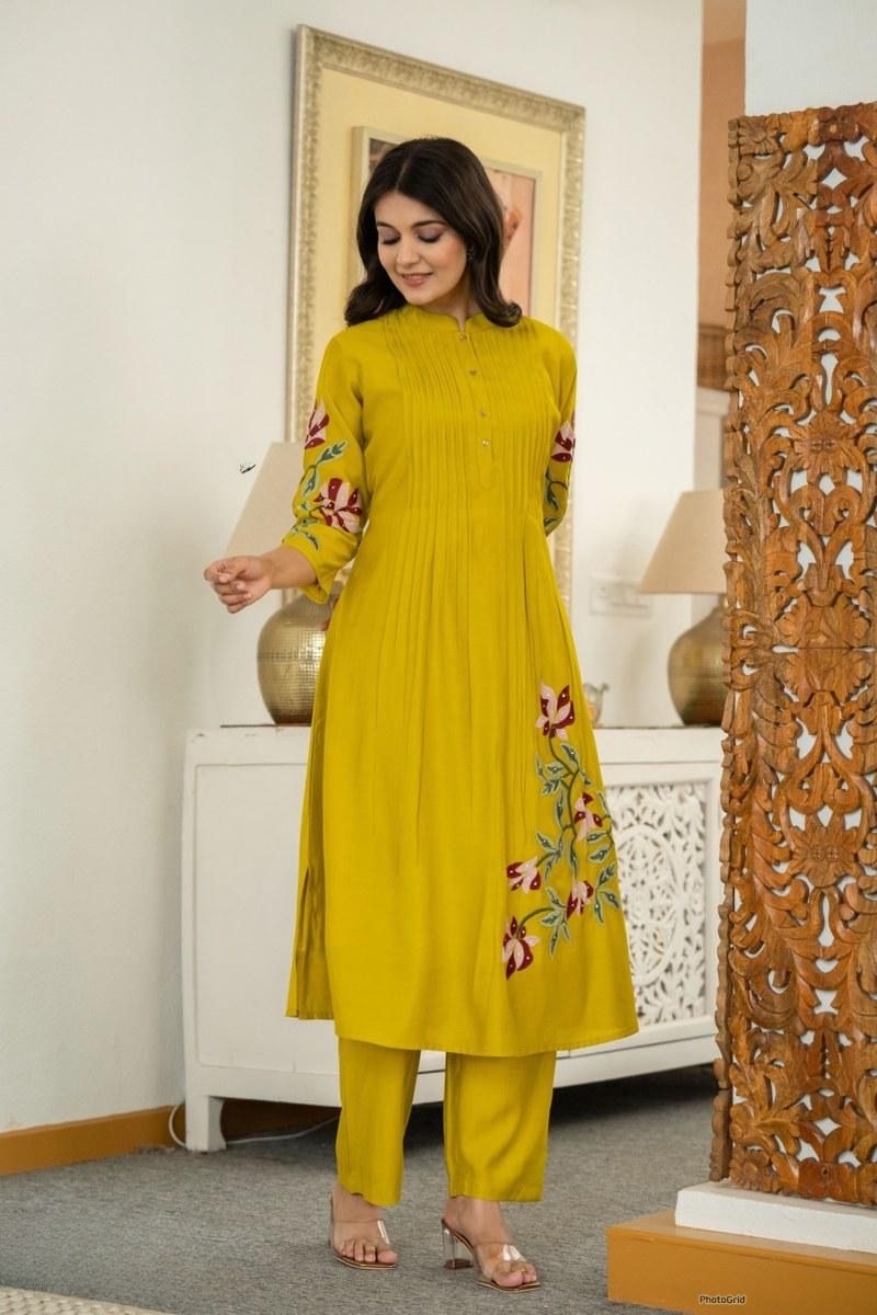 Cotton Pleated Pintex Kurta Pant With Embroidered Panels & Sequence Work (2 Colors)