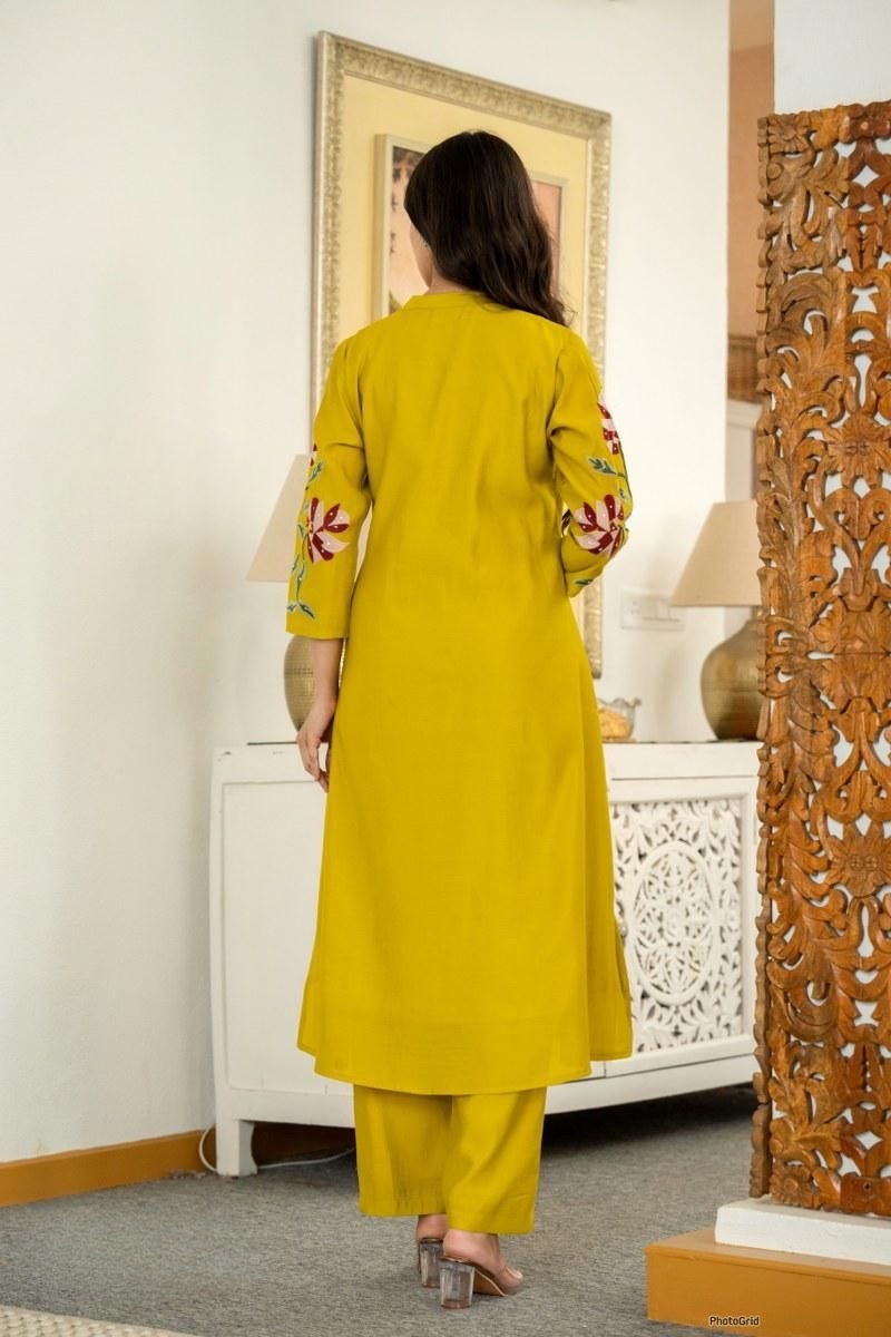 Cotton Pleated Pintex Kurta Pant With Embroidered Panels & Sequence Work (2 Colors)
