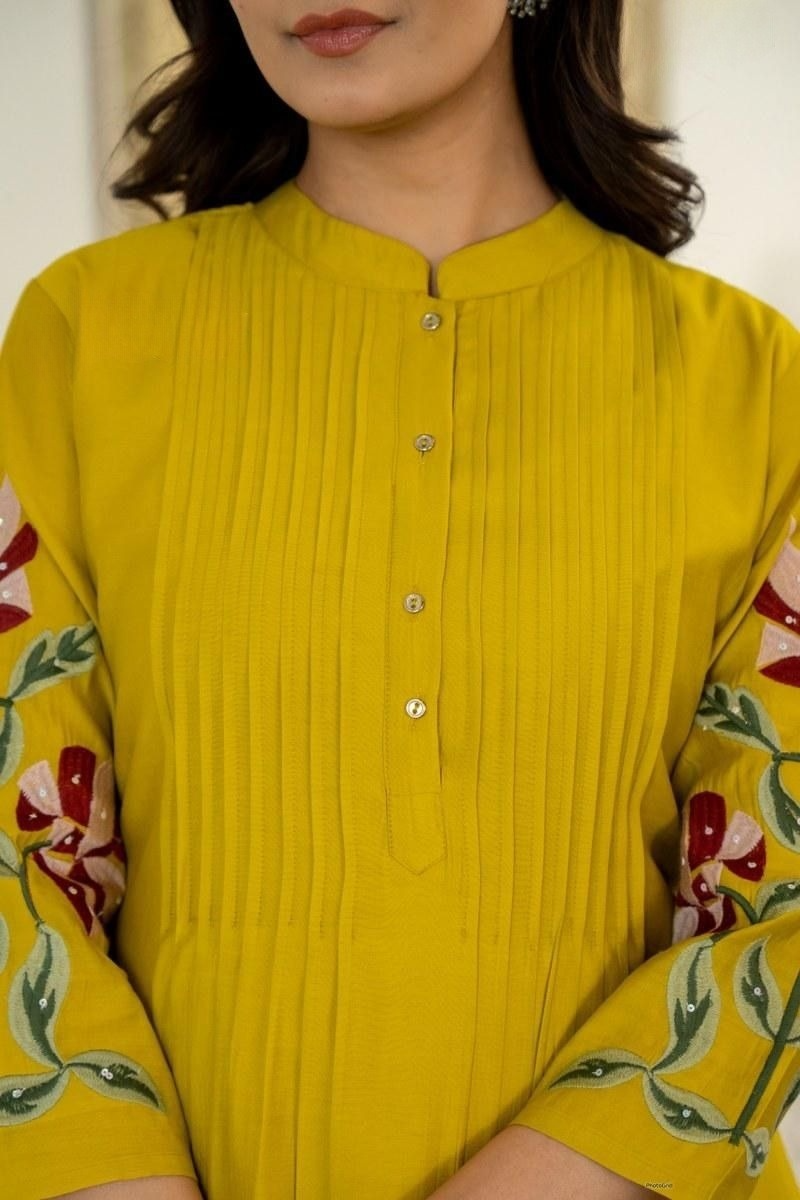 Cotton Pleated Pintex Kurta Pant With Embroidered Panels & Sequence Work (2 Colors)