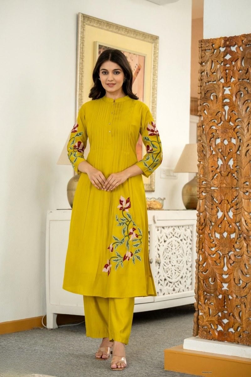 Cotton Pleated Pintex Kurta Pant With Embroidered Panels & Sequence Work (2 Colors)