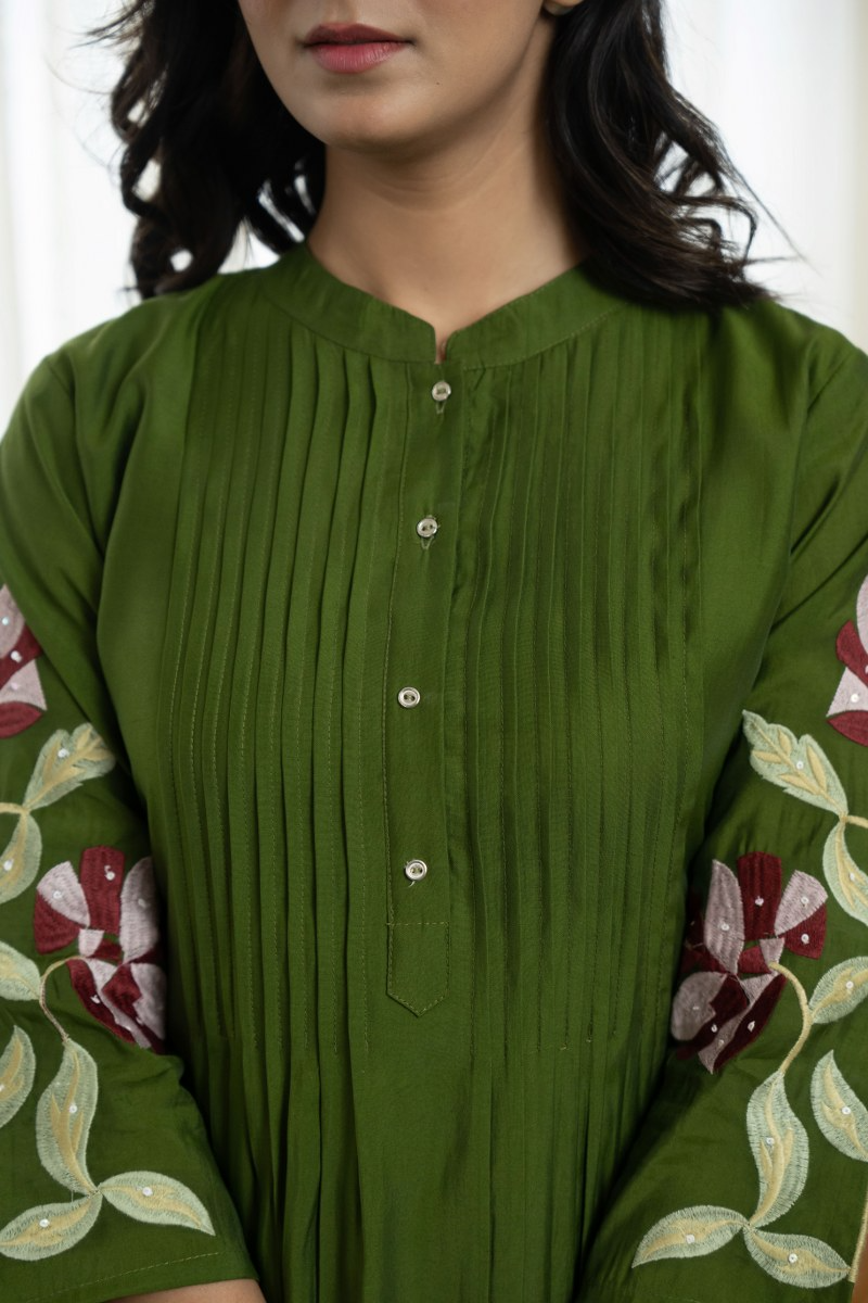 Cotton Pleated Pintex Kurta Pant With Embroidered Panels & Sequence Work (2 Colors)