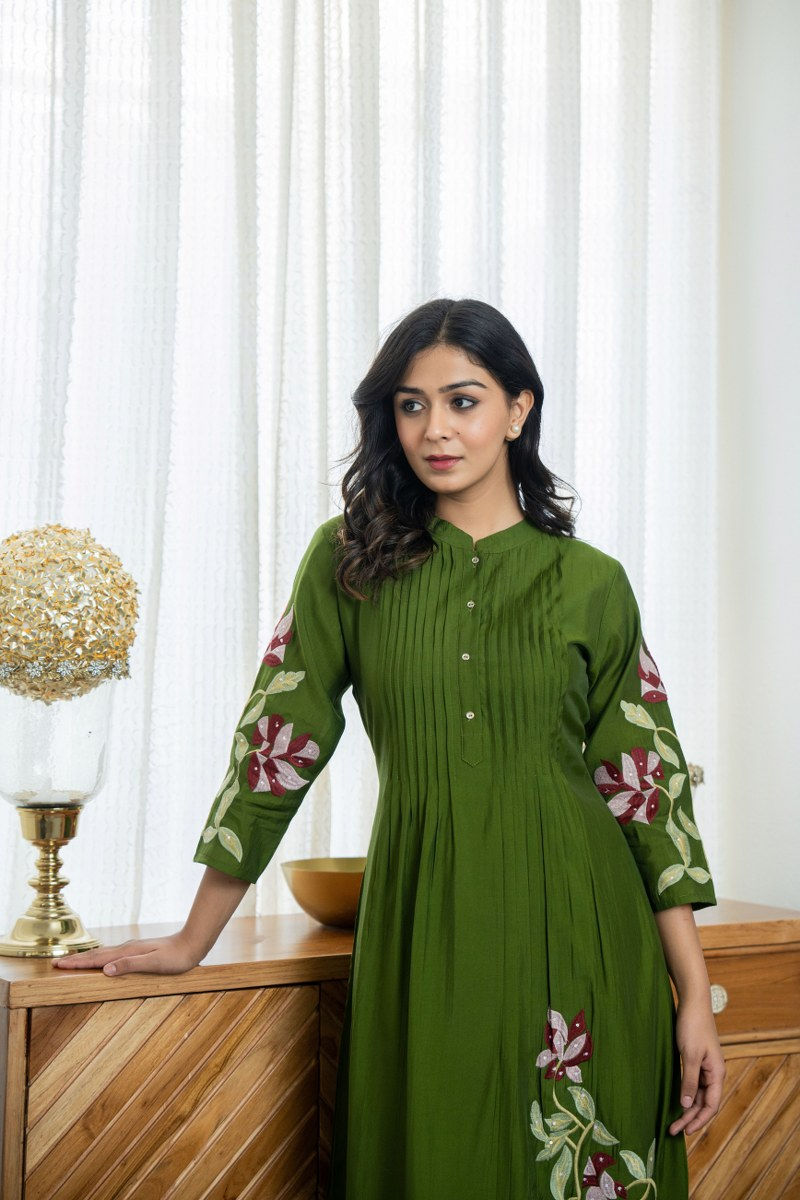 Cotton Pleated Pintex Kurta Pant With Embroidered Panels & Sequence Work (2 Colors)