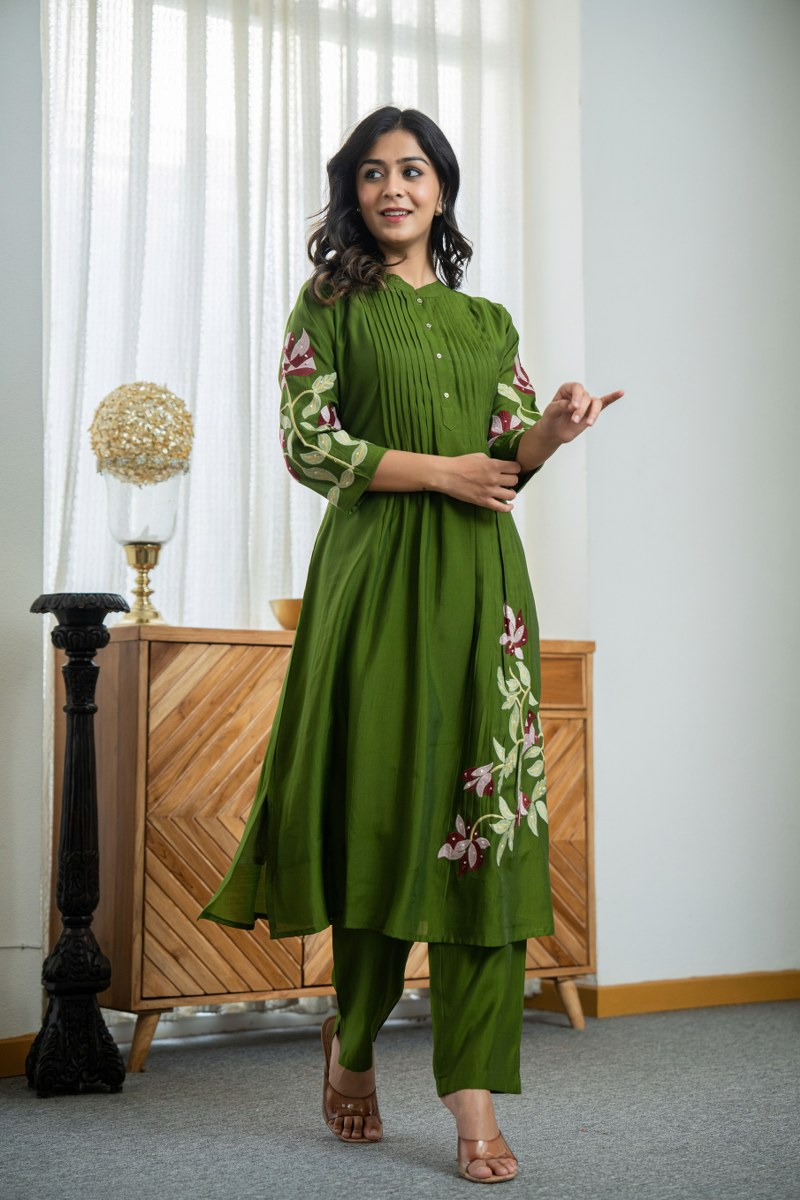 Cotton Pleated Pintex Kurta Pant With Embroidered Panels & Sequence Work (2 Colors)