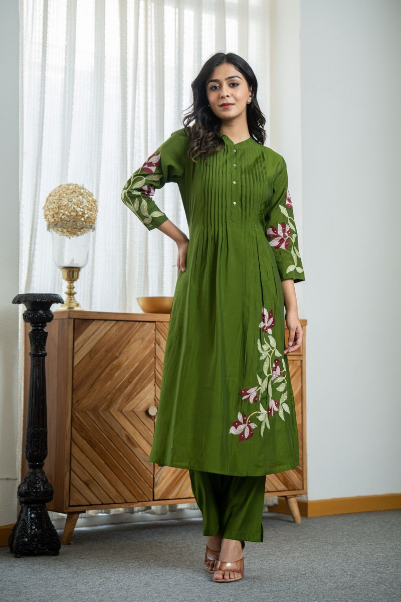 Cotton Pleated Pintex Kurta Pant With Embroidered Panels & Sequence Work (2 Colors)