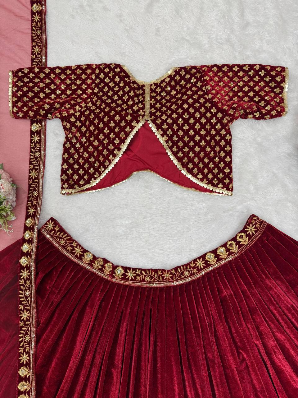 Red Velvet Coding Sequence Embroidered Work Lehenga Choli With Dupatta Launch